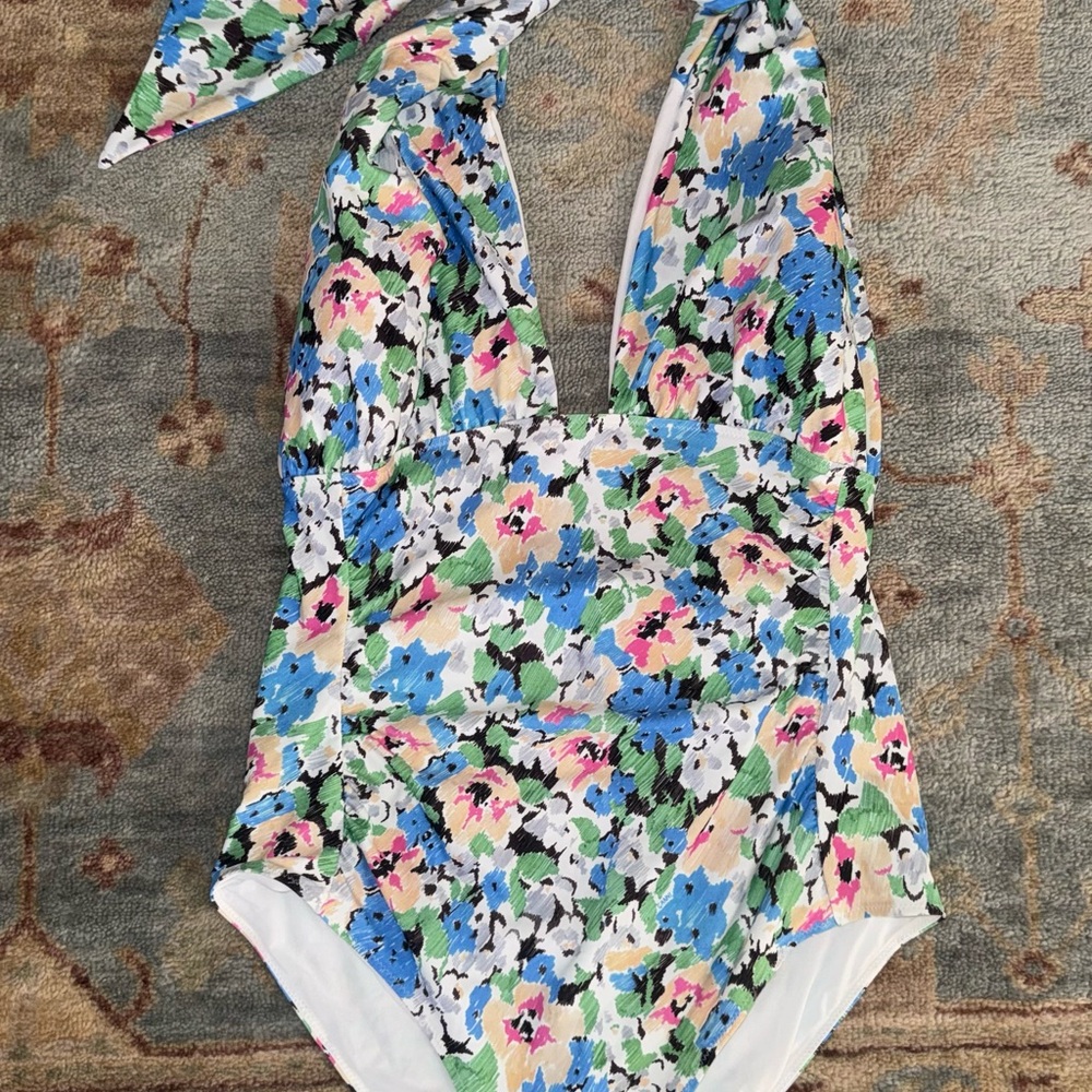 Ganni Kids Floral Halter One-Piece Swimsuit — Blue, Pink, Green